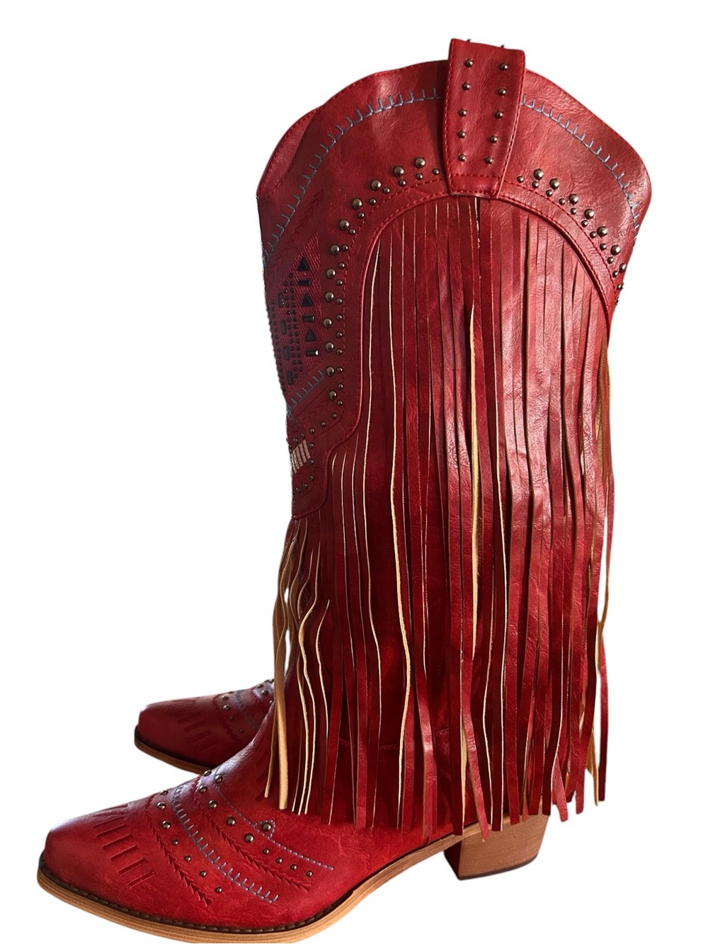 LGQ Red Fringe Wide Calf Embroidered Tassel Studded Cowgirl Boot Size 12